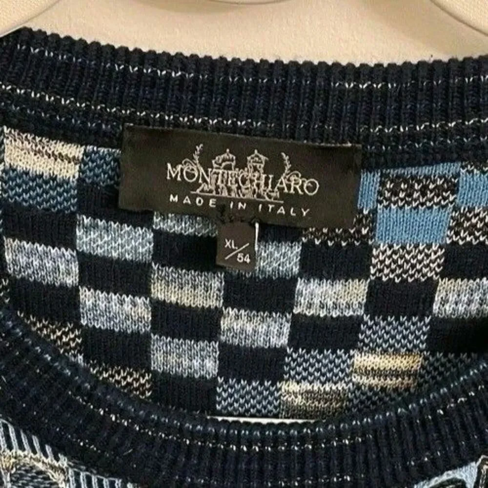 Montechiaro Sweater Mens XL Blue Geometric Print Pullover Crewneck Italy Vintage